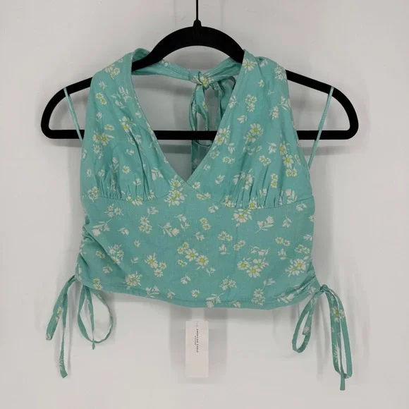 AMERICAN EAGLE TEAL FLORAL CROPPED HALTER TOP MEDIUM NWT - Picture 1 of 6
